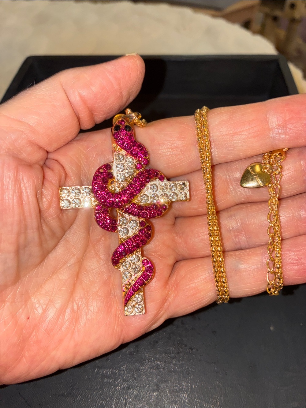 Cross with Pink Crystal Snake Accent